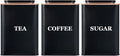 Tea Coffee Sugar Canisters, Set of 3 Tea Coffee and Sugar Canisters for Home, Easy Open & Airtight Lids, Decorative Food Caddy, Kitchen Storage Jars, Decorative Stainless Tins, Black