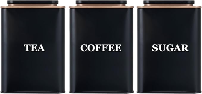 Tea Coffee Sugar Canisters, Set of 3 Tea Coffee and Sugar Canisters for Home, Easy Open & Airtight Lids, Decorative Food Caddy, Kitchen Storage Jars, Decorative Stainless Tins, Black