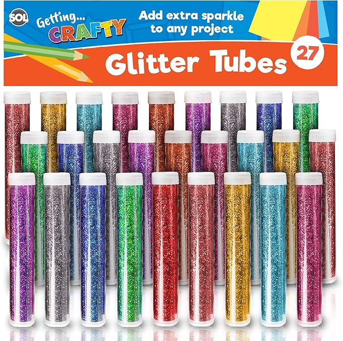 SOL 27pk Kids Glitter Tubes in 10 Assorted Vibrant Colours - Fine Glitter for Arts and Crafts, Slime, Card Making, Nail Art, and Decorations - Easy-Pour Shaker Pots for Kids and Adults