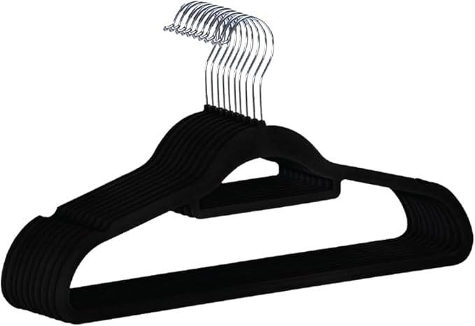 ANSIO Velvet Hangers 10 Pack - Non-Slip Ultra Thin Clothes Hangers with Tie Bar & 360° Swivel Hook - Space-Saving Wardrobe Storage Organiser for Coats, Suits, Dresses, Black