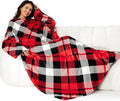 Winthome Blanket with Sleeves, Gift for Women Men Adult, Soft and Cozy Wearable Blanket with Elastic Cuffs, Hook and Loop Fastener (Red Plaid, 140x180cm)