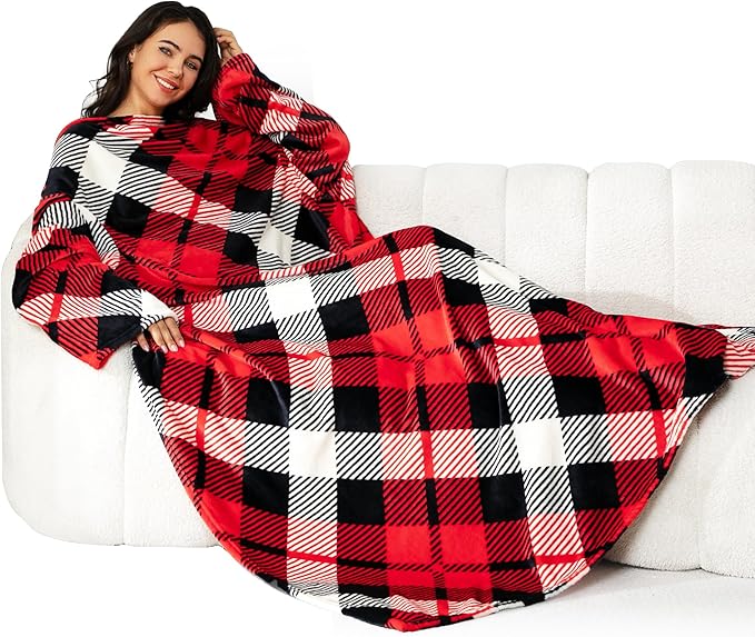 Winthome Blanket with Sleeves, Gift for Women Men Adult, Soft and Cozy Wearable Blanket with Elastic Cuffs, Hook and Loop Fastener (Red Plaid, 140x180cm)