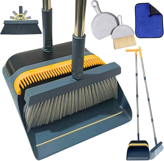 FLOORINGTON Dustpan and Brush Sets Long Broom Long Handled Dustpan & Brush Set Sweeping Brush Household Dust Pan with Soft Brush for Indoor Free Mini Dustpan Brush Set & Cleaning Cloth (GREY & YELLOW)