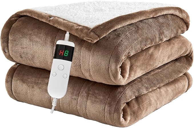 Heated Throw Electric Blanket, 10 Heating Settings, 1-8h Timer overheat Protection, Machine Washable, Flannel & Sherpa Full Body Warming, Electric Throw Blanket for Sofa