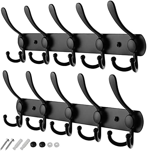 GlazieVault Coat Hooks for Wall - Stainless Steel Coat Racks (2 Pack) - Heavy Duty Coat Hook Wall Mounted - Premium Design Rust Free Coat Hanger for Clothes (Black Tri Pack 2)