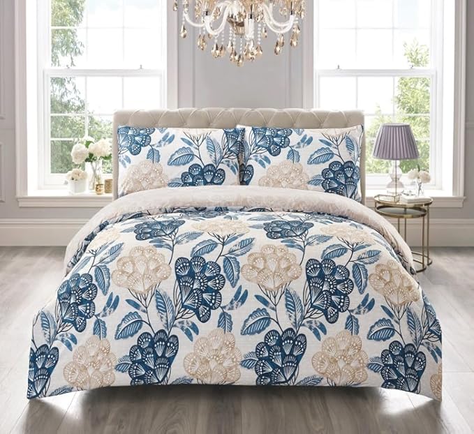 PRIME LINENS Duvet Cover Set 4 Pcs Polyester-Cotton Quilt Cover Bedding Set With Pillow Cases and Extra Fitted Sheet Included (Bloom Blue, King)