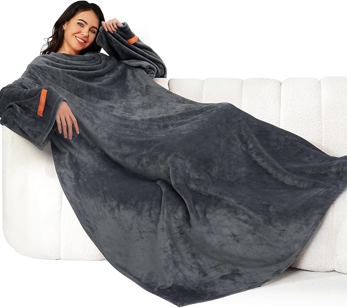 Winthome Blanket with Sleeves, Gift for Women Men Adult, Soft and Cozy Wearable Blanket with Elastic Cuffs, Hook and Loop Fastener (Grey, 140x180cm)
