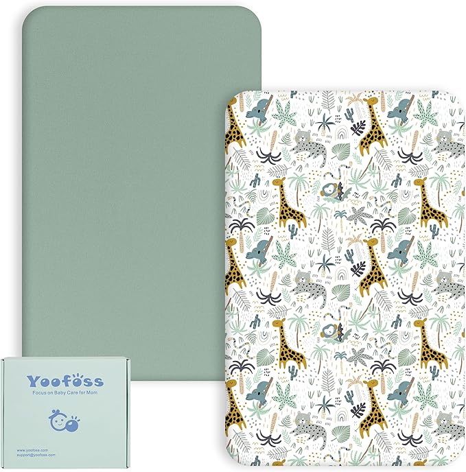 Yoofoss Cot Bed Sheets 140 x 70 cm Fitted Super Soft and Breathable Cot Bed Sheets Cozy Baby Cot Sheets 2 Pack Green Giraffes