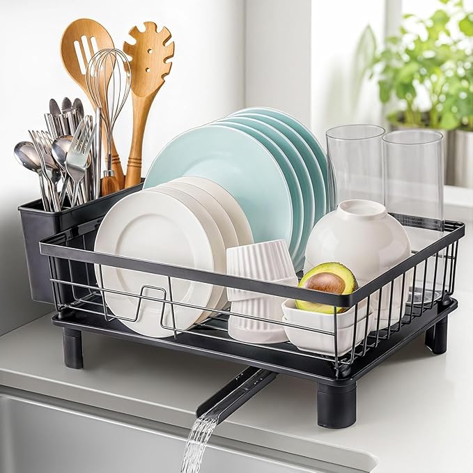Dish Drainer Rack, Dish Drying Rack, Dish Rack, Dish Racks with Drain Board, Kitchen Accessories, Draining Board Rack, with Cutlery Holder, Over Sink Stainless Steel, 29 x 38cm, Black