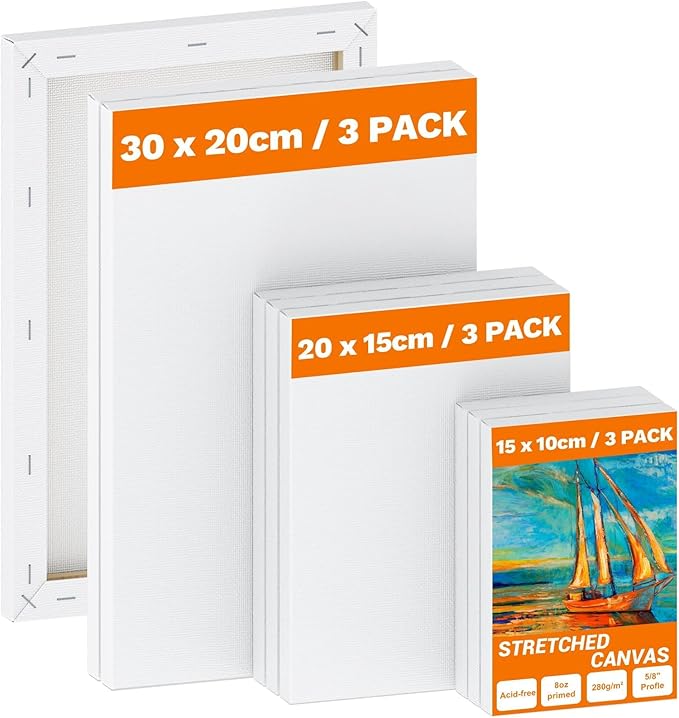 9 Pack Stretched Canvas for Painting, Blank Canvas Set (30x20 20x15 15x10cm), Acid-Free/Cotton/280GSM/Triple Primed Canvases for Acrylic, Oil Paint & Wet Art Media Artwork, Kids Beginner Artist