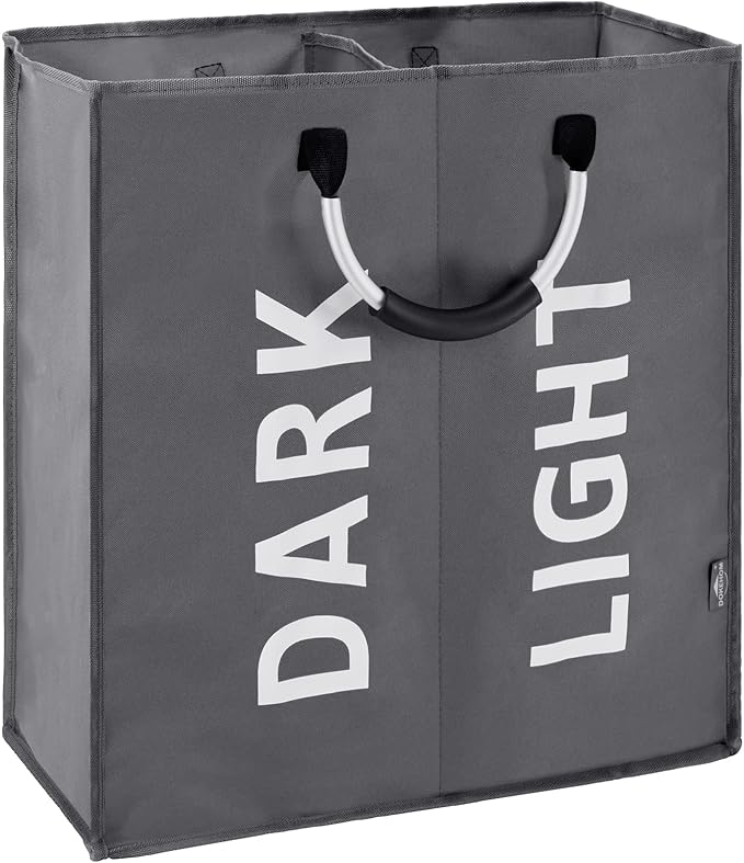DOKEHOM 80L Large Collapsible Washing Laundry Basket Bag with 2 Sections for Bedroom, Fabric (Dark Grey)