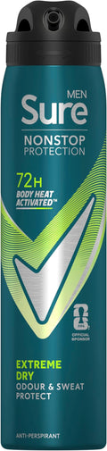 Sure Men Nonstop Protection Extreme Dry Anti-Perspirant Aerosol Men's Deodorant Spray with Body Heat Activated technology and a refreshing scent for 72 hour odour and sweat protection 250 ml