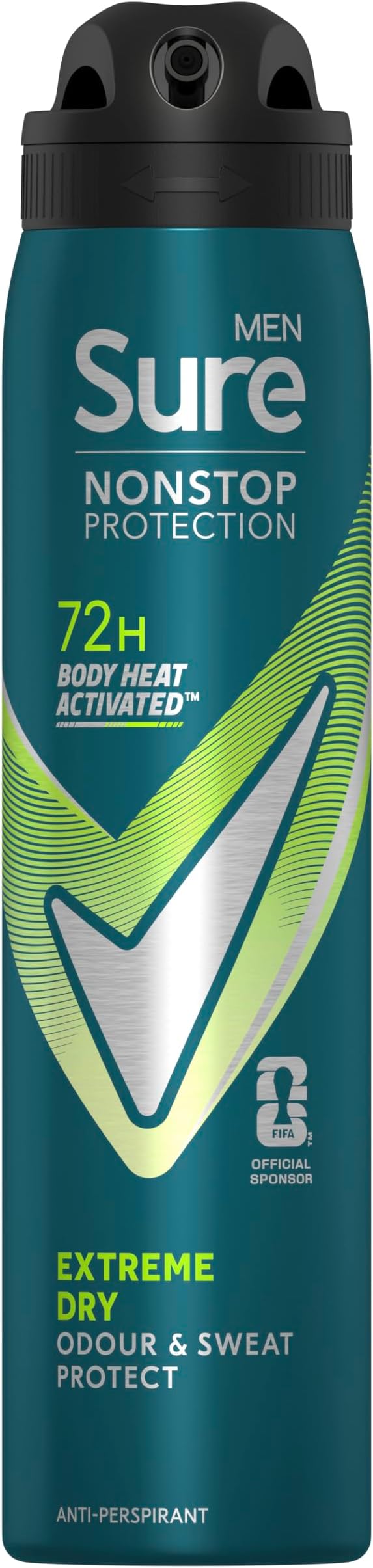 Sure Men Nonstop Protection Extreme Dry Anti-Perspirant Aerosol Men's Deodorant Spray with Body Heat Activated technology and a refreshing scent for 72 hour odour and sweat protection 250 ml