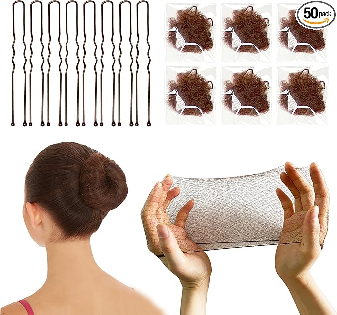 TonJin Brown Hair Nets for Buns Kit - 50PCS 50cm Ballet Bun Nets and 10 PCS U Shaped Bobby Pins, Individual Package, Elastic Edge Mesh for Girls Women Dance Catering Working