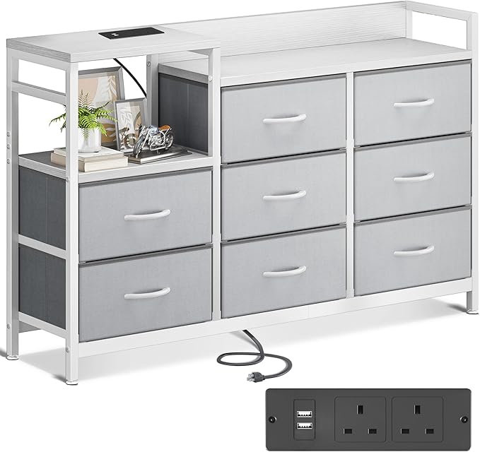 ODK Chest of Drawers Bedroom, Contains 2 USB & 2 AC Ports Sockets, Storage Dresser with 8 Fabric Drawers Suitable for Bedrooms, Living Rooms, Light Grey