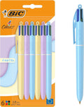 BIC 4 Colours Pastel Ball Pens with Medium Points (1.00 mm) - Assorted Colours, Pack of 6