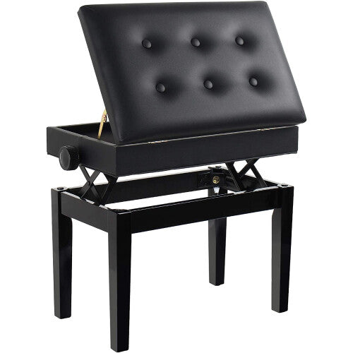Piano Stool with Storage â€“ Adjustable 45-52 cm, 3 cm Thick British Standard Flame-Retardant PU Leather Cushioned Seat, Black Wood Bench