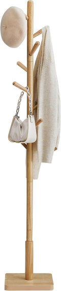 VASAGLE Coat Rack, Solid Wood Coat Stand, Free Standing Hall Coat Tree with 8 Hooks for Coats, Hats, Bags, Purses, for Entryway, Hallway, Rubberwood Hooks and Pole, Natural Beige RCR010N01