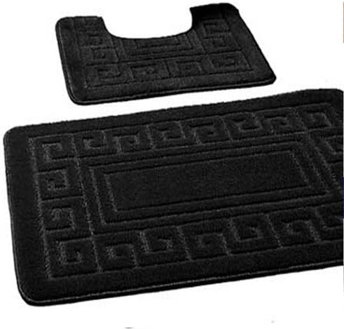 EDS Luxury 2 Piece Greek Bath Mat Set Non Slip Ultra Soft Bathroom Mats Water Absorbent Bath Mats Machine Washable Rug Toilet Mat for Bathroom Floor (Black)