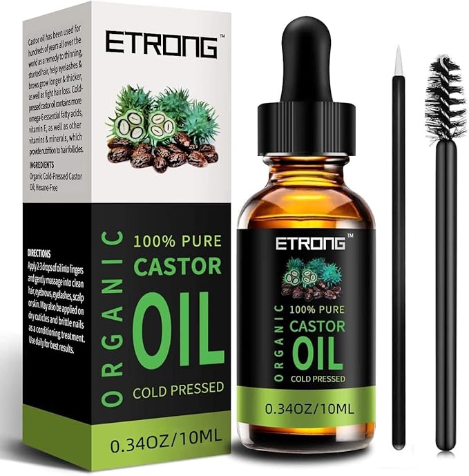 Organic Castor Oil,Pure Cold Pressed Castor Oil for Eyebrows,Eyelashes,Hair Growth,Nails,and Skin with 1 Set of Eyebrow&Eyeliner Brushes (10 ml)