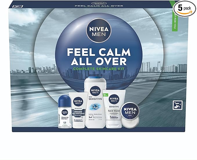 NIVEA MEN Feel Calm All Over Skincare Gift Set (5 Products) - Men Gift Set for Sensitive Skin - Includes Shower Gel, Face Wash, Face Moisturiser, Creme, and Anti-Perspirant