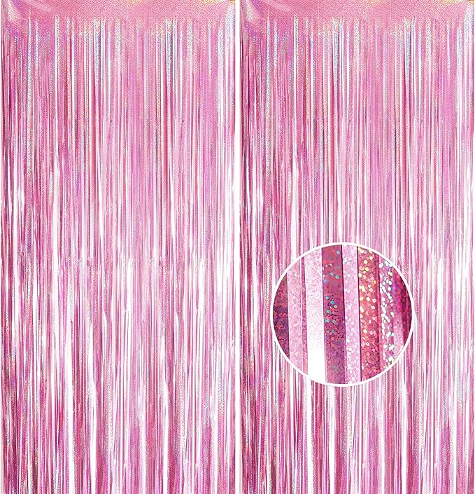 YAAVAAW 2pcs 3.2 x 8.3ft Glitter Pink Tinsel Curtain Foil Fringe Curtain Backdrop Party Streamers Curtain Photo Backdrop Decorations for Birthday School Graduation Hen Girls Party Decorations Pink