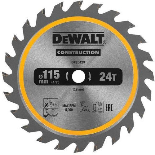DeWALT DT20420-QZ 115mm 24T 9.5mm TCT Circ Saw Blade DCS571