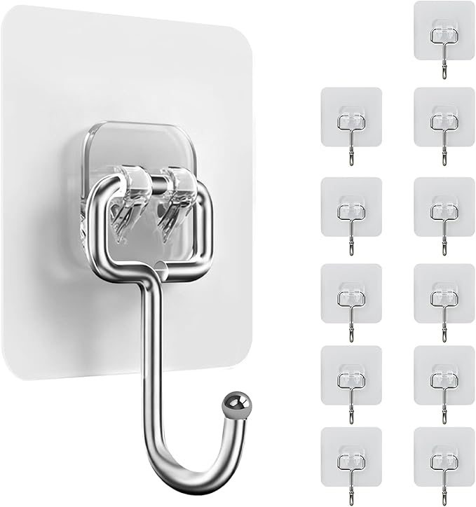 12Pcs Heavy Duty Adhesive Hooks, 25kg Max Load Nail-Free Waterproof Sticky Wall Hooks for Bathroom Kitchen Home Office