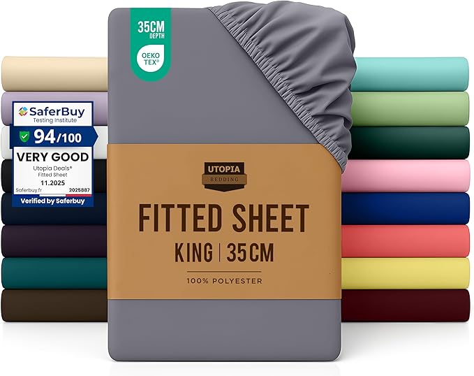 Utopia Bedding Fitted Sheet King, Grey - Deep Pocket 14 inch (35 cm) - Easy Care - OEKO-TEX Certified - Soft Brushed Microfibre Fabric - Shrinkage and Fade Resistant - Bottom Sheet