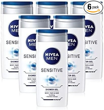X6 Mens Nivea Body Wash Sensitive Shower Gel – Body Face and Hair 250 ml Alcohol Free…