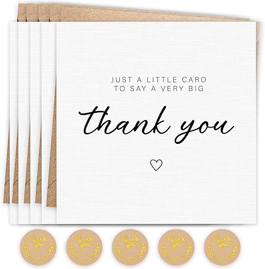 24 Thank You Cards Pack with Gold Foil Stickers and Kraft Envelopes, 12.5 x 12.5 cm – Blank Inside – Ideal for Teachers, Weddings, Kids, Christmas – Made in the UK