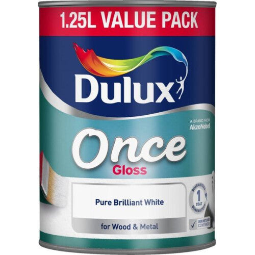 Dulux Once Gloss Pure Brilliant White Paint For Wood & Metal - 1.25L