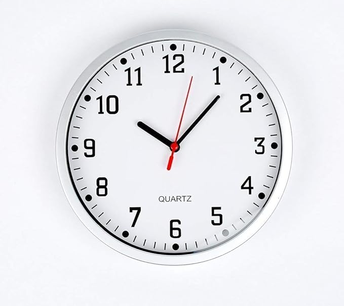 ANALOGUE WALL CLOCK, LARGE STYLISH WALL CLOCK with Silver Frame & White Dial, BIG Easy Readable Numbers, Modern Look Round Wall Clock for Any Room in House, Office, School, Classroom 23cm/9" Size