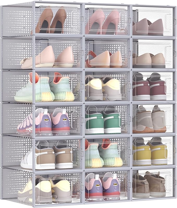 SONGMICS Shoe Boxes, Pack of 18 Stackable Shoe Storage Organisers, Foldable and Versatile for Sneakers, Fit up to UK Size 9.5, Transparent and Grey LSP006G18