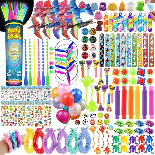 230Pcs Party Bag Fillers Unisex with Glow Sticks, Balloons, Gliders, Pop Tubes, Assortment Toys Classroom Prizes Rewards Goodie Loot Bag Fillers for Girls Boys Birthday Party Gift Favors