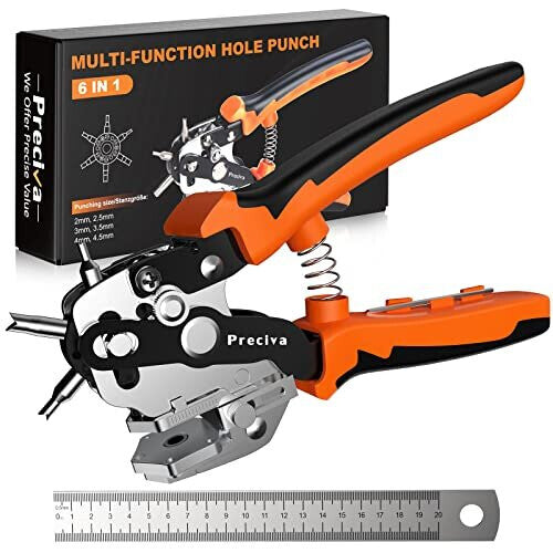 Leather Hole Punch, Preciva Revolving Belt Hole Puncher Tool, Adjustable Belt Puncher Plier with 6 Holes, Heavy Duty Hole Punch with Ruler for