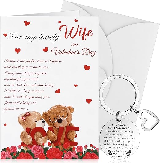 Wife Valentine's Day Card from Husband Romantic Valentine Card for Wife Greeting Card with Envelop Valentine's Day Wife Keyring Never Forget That I Love You Keychain Greeting Card Gifts for Her