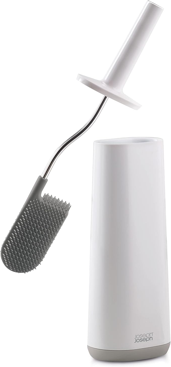 Joseph Joseph Flex - Smart Hygienic Silicone Toilet Brush with Holder Set, flexible anti-drip, anti-clog deep clean head - White/Grey