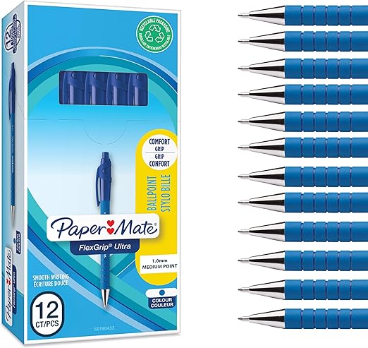 Paper Mate Flexgrip Ultra Retractable Ballpoint Pens | Medium Point (1.0mm) | Handwriting Pens & Stationery Supplies | Blue Pen Set | 12 Count