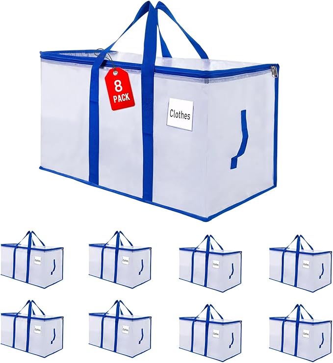 Moving Bags 105 L, 8-Pack Storage Bags with Zipper & Handles, Reusable Moving Boxes Alternatives, Moving Totes, Clear Packing Bags for Travel Duffle College Dorm or Christmas Tree