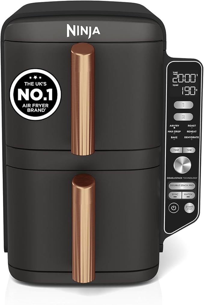 Ninja Double Stack XL Air Fryer, Vertical Dual Drawer Air Fryer with 4 cooking levels, 2 Drawers & 2 Racks, Space Saving Design, 9.5L Capacity, 6 Functions, 8 Portions, Tongs, Black/Copper SL400UKCP