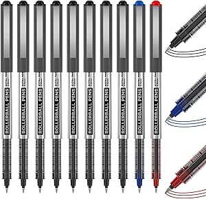 Shuttle Art Rollerball Pens, 10 Pack (8 Black, 1 Blue, 1 Red) 0.5mm Liquid Ink Pens, Quick Drying & Long Lasting Extra Fine Point Pens for Writing, Journaling, Notes Taking School Office Supplies