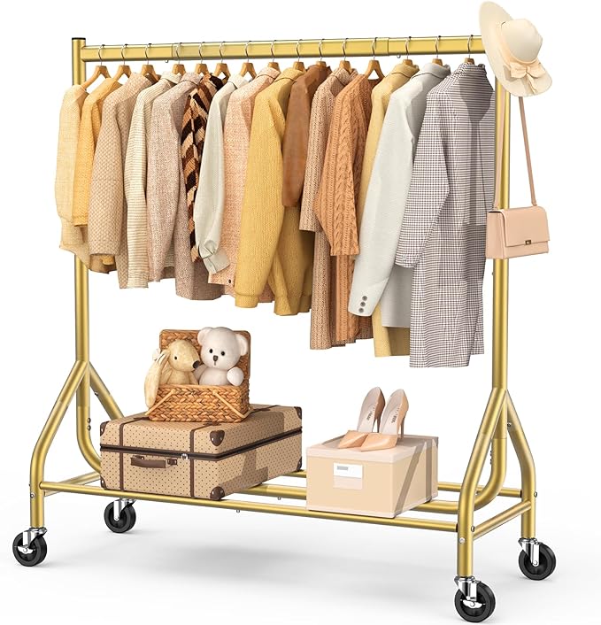 EAGMAK Heavy Duty Clothes Rail Load 180 KG, Rolling Garment Rail with Lockable Wheels, Standing Metal Clothing Rack, Portable Rack Sturdy Coat Hanging Rail for Hanging Clothes (Gold, 120×48×160 cm)