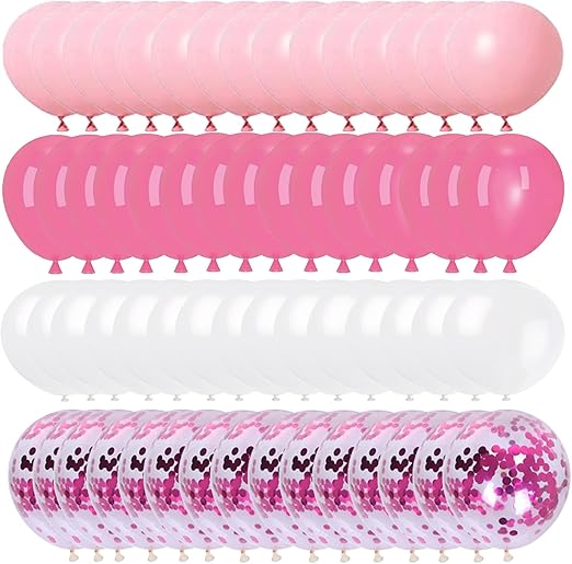 Pink White Balloons 60 Pack 12 Inch and Confetti Balloons,Pink Party for Birthday Decorations Girls Christening Baby Shower