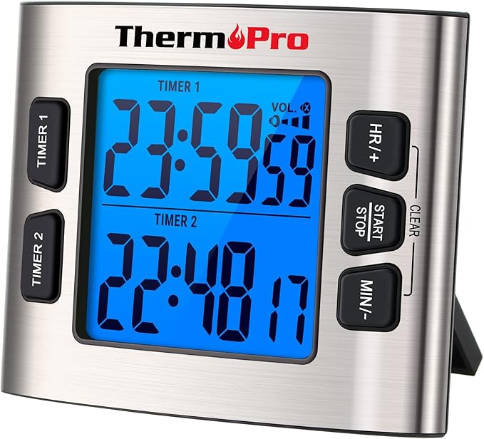 ThermoPro TM02 Digital Kitchen Timer with Dual Countdown Stop Watches, Magnetic Timer Clock, Adjustable Loud Alarm, Backlight LCD Big Digits, 24 Hour for Kids & Teachers