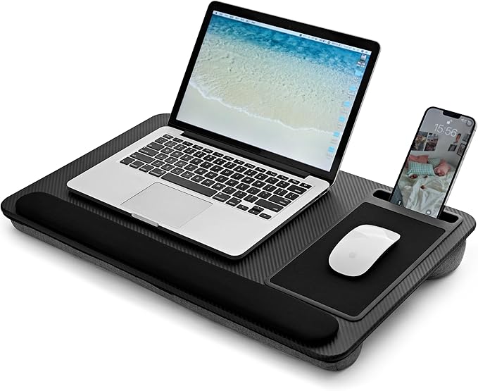 Portable Lap Desk Wood Laptop Tray with Cushion, Lightweight Laptop Stand for Bed Lap Tray with Built-In Mouse Pad, Wrist Rest, Phone Slot, Lap Stand for Sofa and Bed