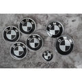 BMW Carbon Black Boot/Bonnet Badges & Alloy Wheel Caps 7pc Set - 82mm, 74mm, 4x68mm, 45mm Steering Badge