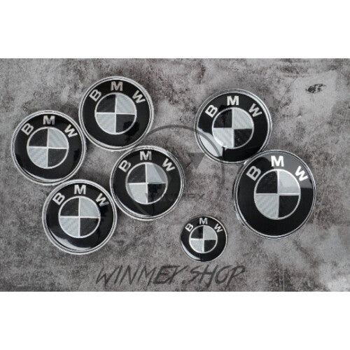 BMW Carbon Black Boot/Bonnet Badges & Alloy Wheel Caps 7pc Set - 82mm, 74mm, 4x68mm, 45mm Steering Badge