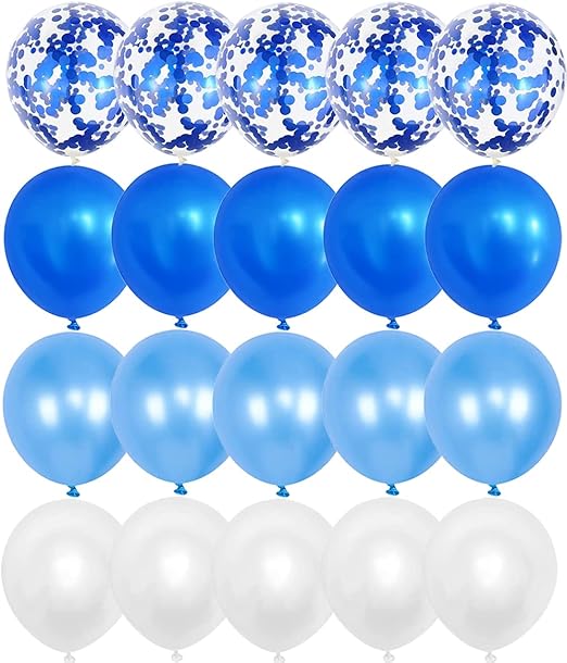 Blue Balloons, 20pcs Light Blue, White, Dark Blue & Confetti, 12 inch, Mixed Color, Unisex, Children & Adult, Balloons, Blue Theme, Wide Application, Customer Service