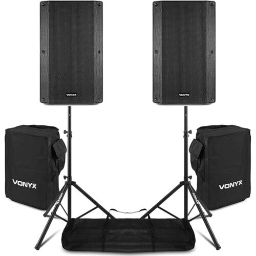 Vonyx VSA150S 15" Active DJ Speaker Set with Bluetooth, Stands & Protective Covers - 1000W Portable Powered PA System for Live Events